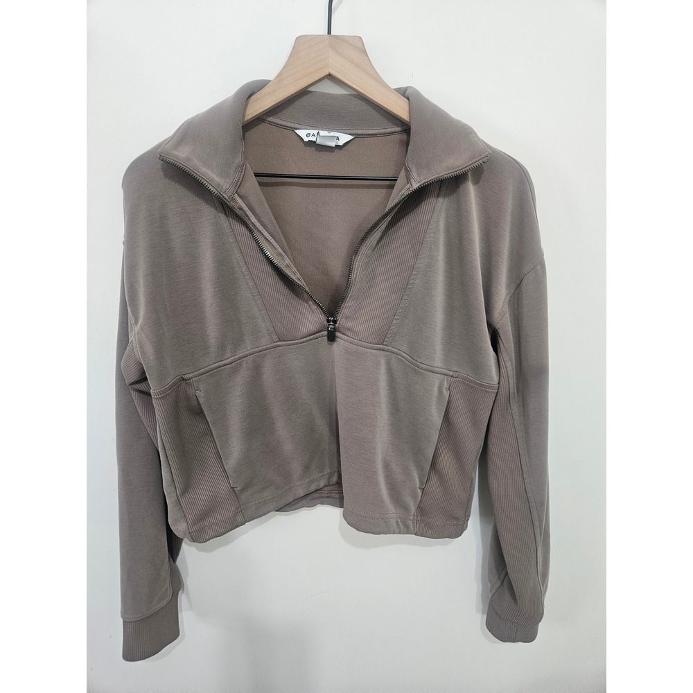 Athleta Retro Terry Quarter Zip Sweatshirt Taupe Brown Cropped Pullover XS